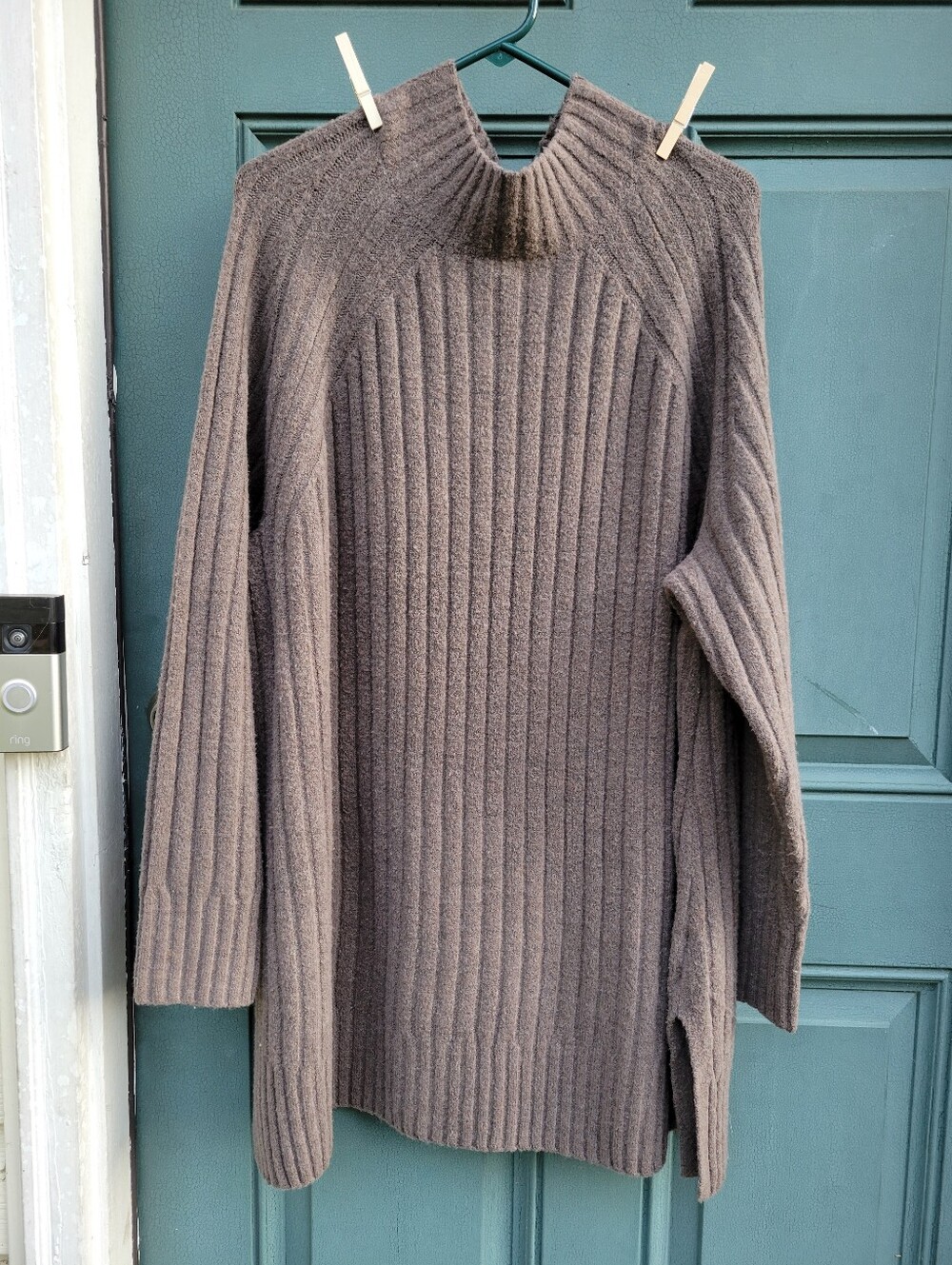 Ava & Viv Women's 2X Ribbed Mock Neck Tunic Sweater in Taupe Brown Side Slits